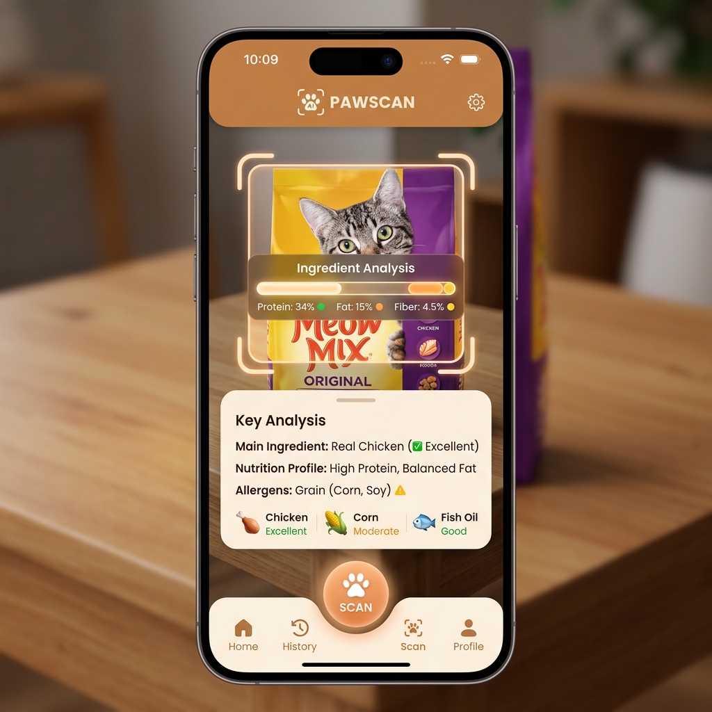 Màn hình AI quét và phân tích thức ăn cho mèo