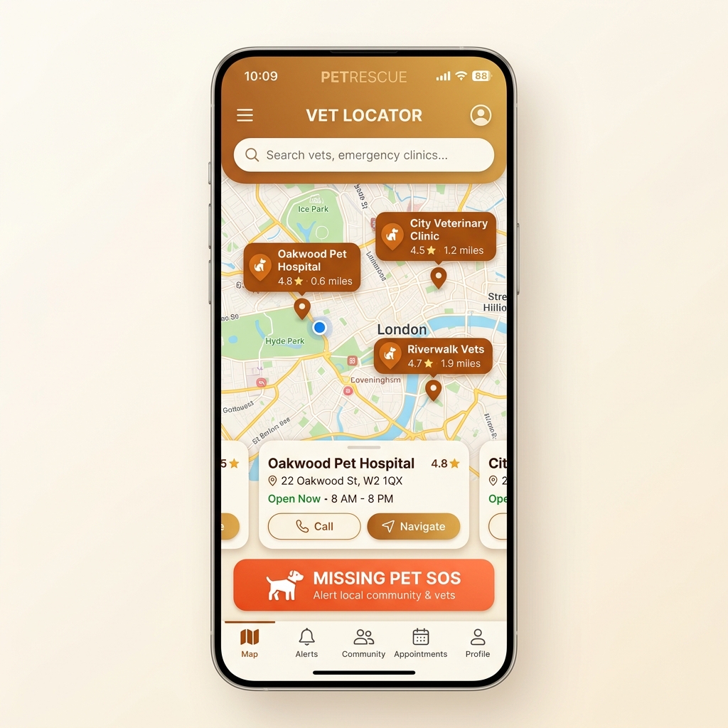 Màn hình SOS và bản đồ tìm phòng khám thú y